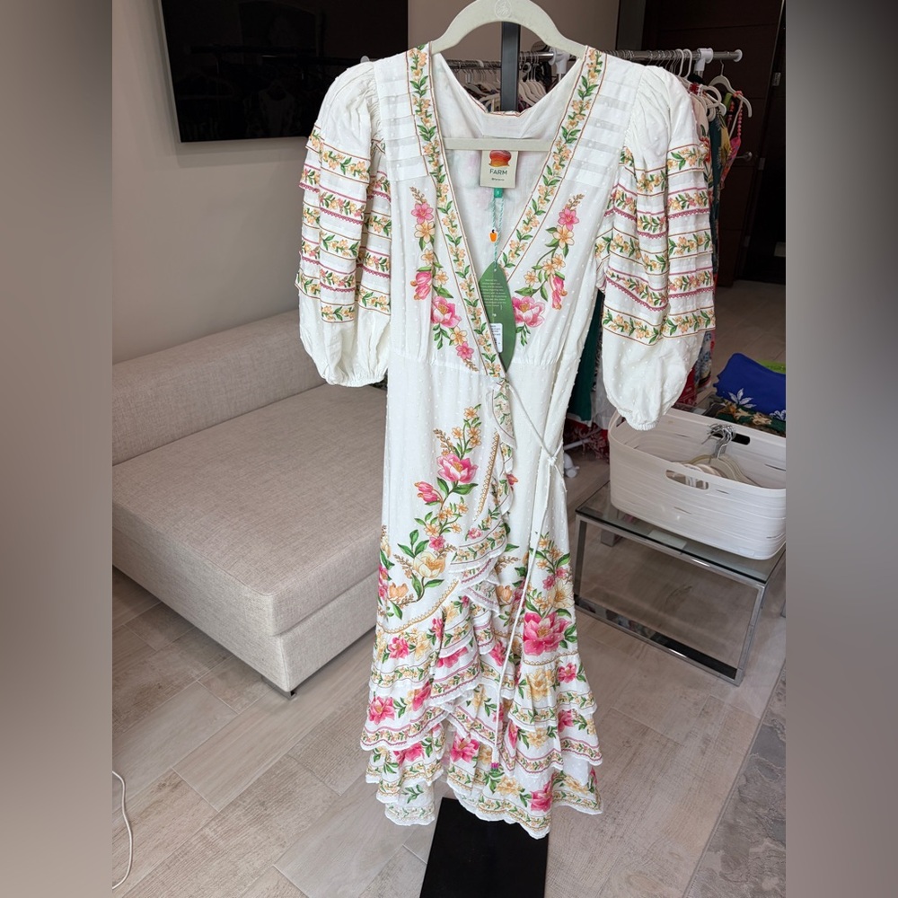 FARM Rio White Midi Dress with Pink & Green Floral Embroidery - Picture 8 of 9
